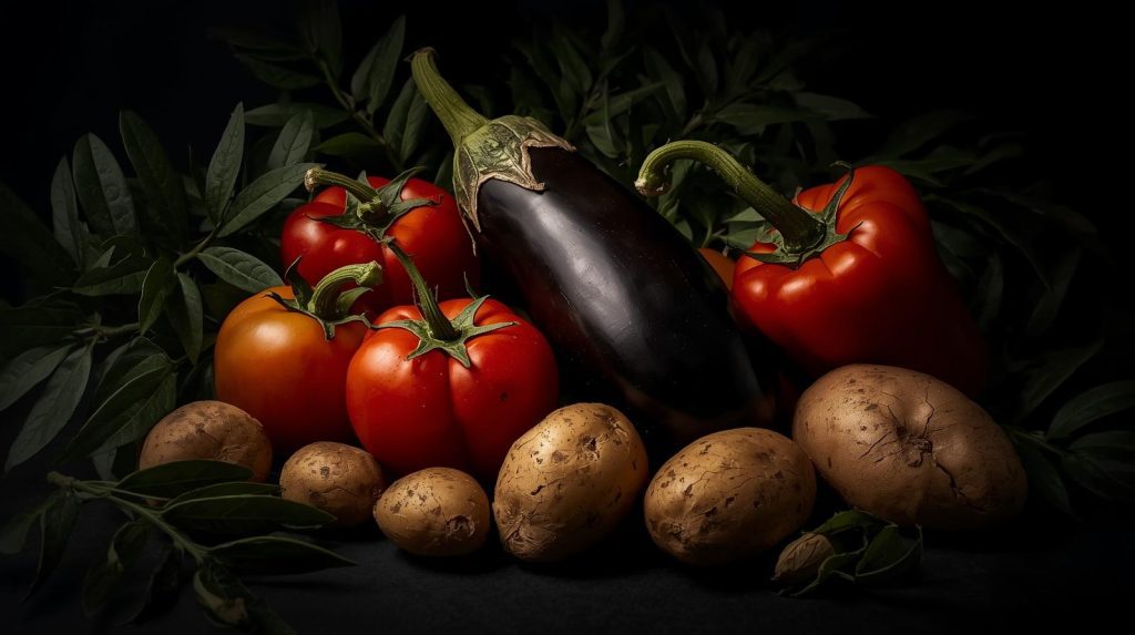 close up of fresh tomatoes, eggplant, peppers, and potatoes grouped together in a dark botanical garden close up of fresh tomatoes, eggplant, peppers, and potatoes grouped together