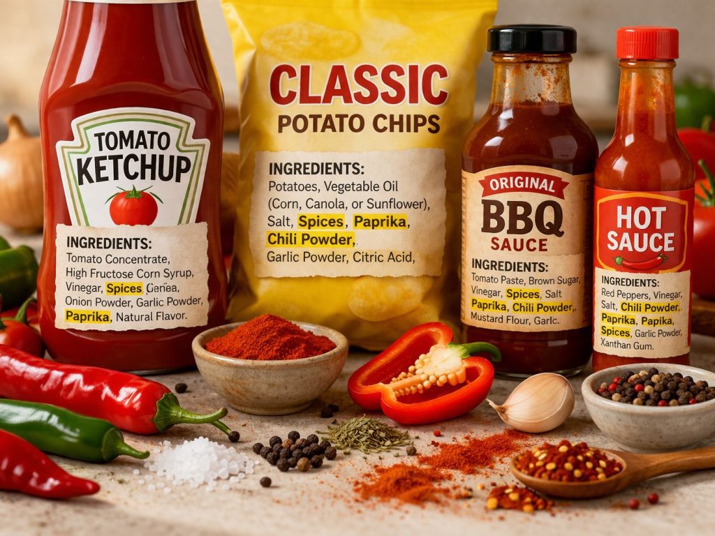 processed foods like ketchup, chips, and sauces with spices highlighting hidden nightshade ingredients processed foods like ketchup, chips, and sauces with spices highlighting hidden nightshade ingredients