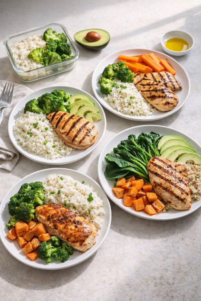 Healthy nightshade-free meal prep with rice, chicken, broccoli, carrots, and avocado