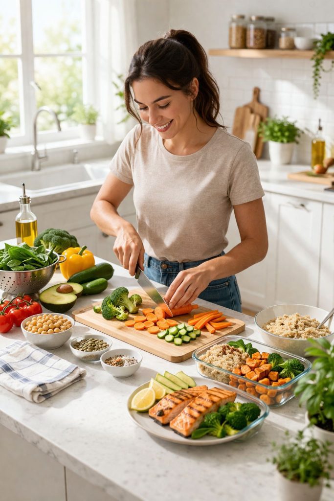 Person preparing healthy meal in a clean modern kitchen, chopping fresh vegetables with natural light and organized meal prep