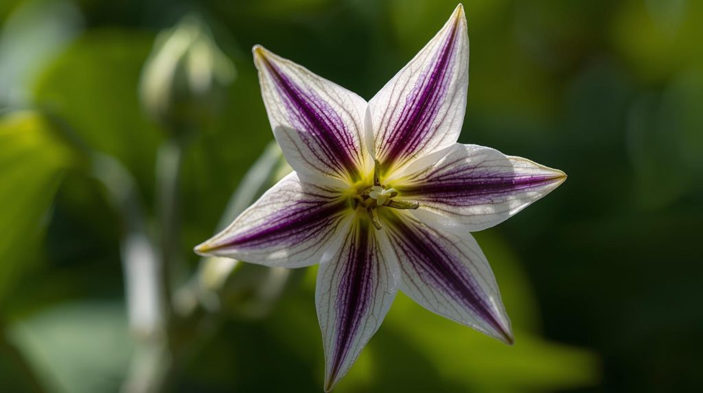 Close-up of Solanaceae flower showing star-shaped petals from nightshade plant family” Close-up of Solanaceae flower showing star-shaped petals from nightshade plant family”